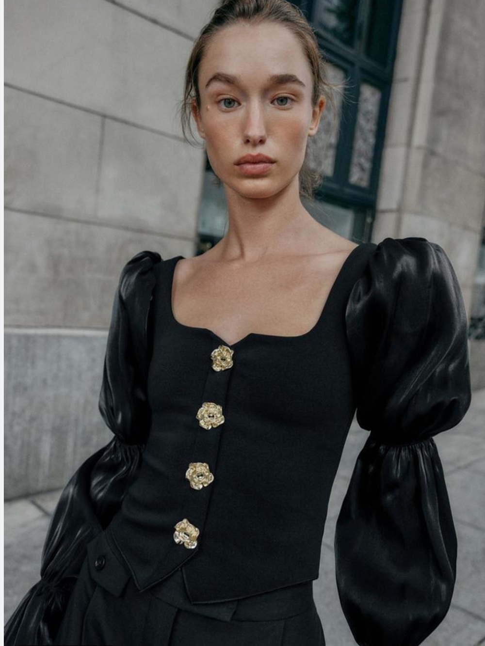 Zara Black Puff Sleeve Gold Button Corset Top NWT | Size Small 5584/218